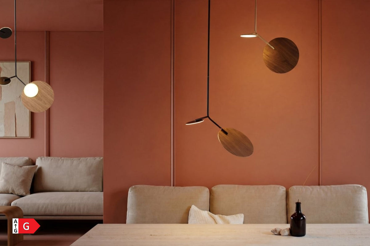 Tunto Ballon Pendelleuchte – Rahmen weiß, Blende Eiche, Höhe 430 mm, 2700 K · DALI/Push