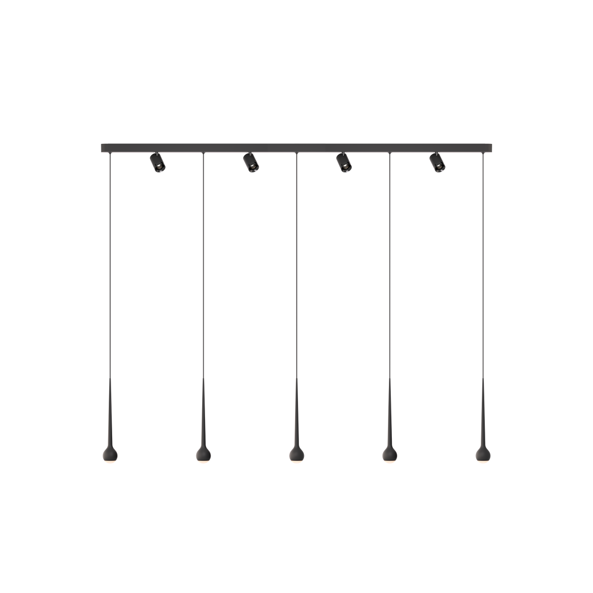 GRAU Falling Sun Trace Pendelleuchte – Schwarz, 5 Pendel + 4 Set Strahler - 6m Kabel