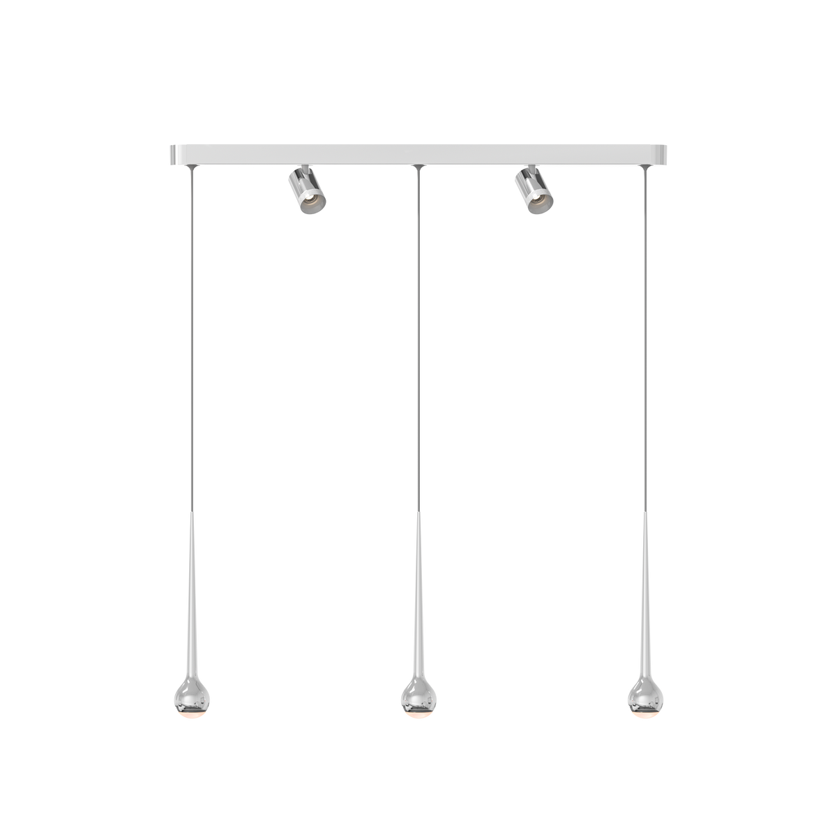 GRAU Falling Sun Trace Pendelleuchte – Poliert, 3 Pendel + 2 Set Strahler - 6m Kabel