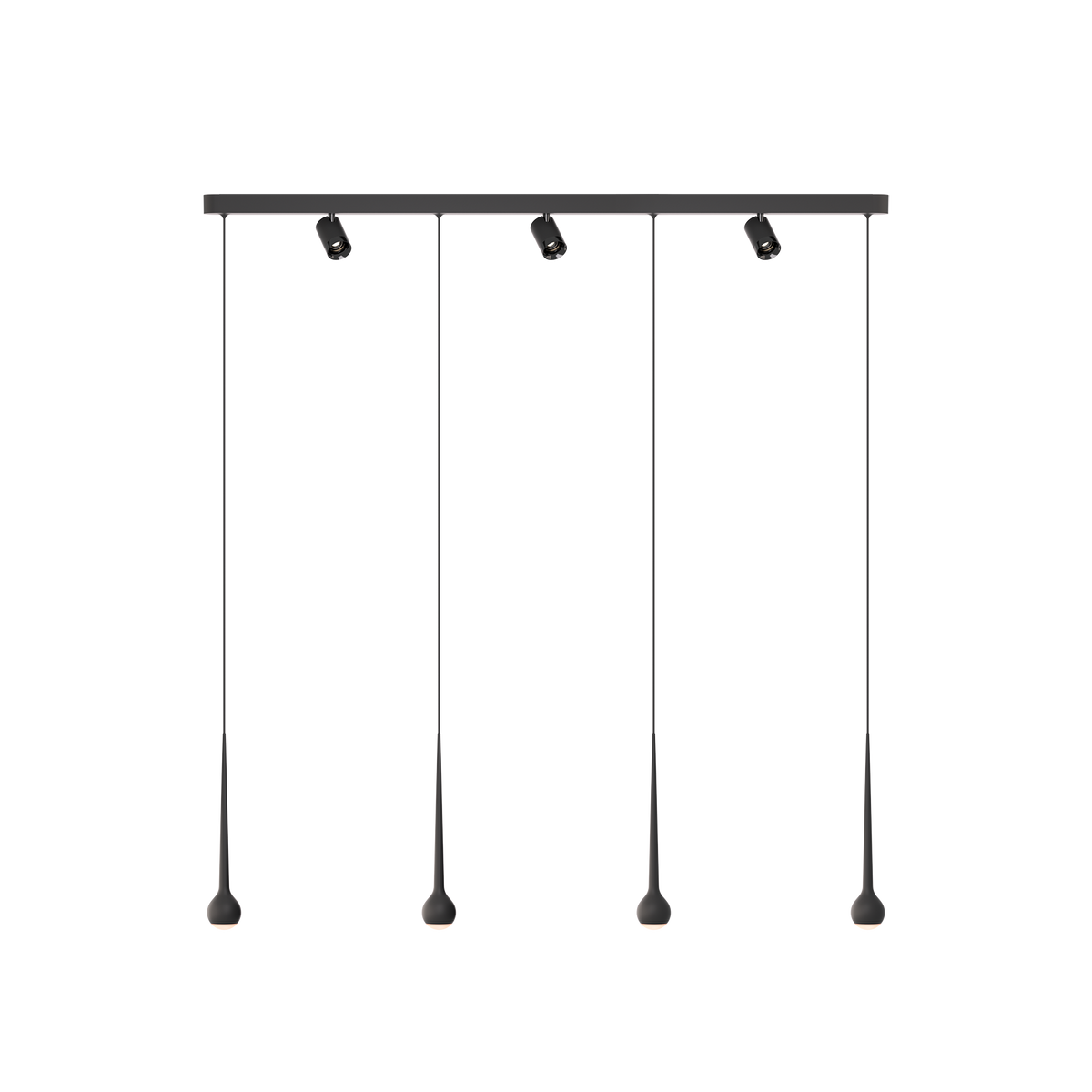 GRAU Falling Sun Trace Pendelleuchte – Schwarz, 4 Pendel + 3 Set Strahler - 6m Kabel