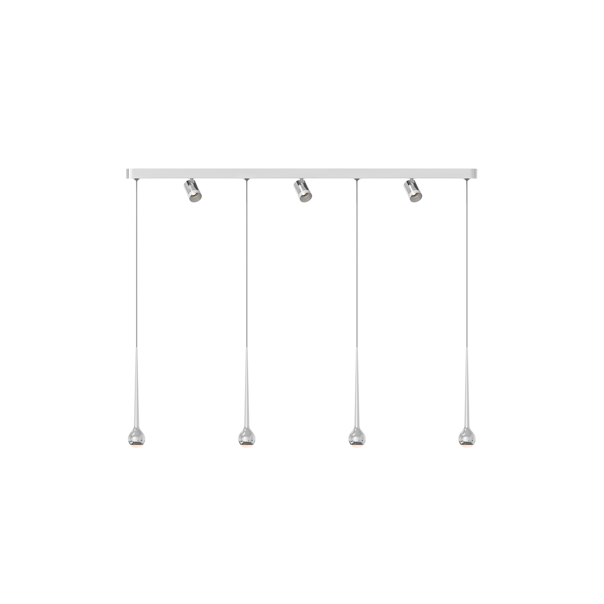 GRAU Falling Sun Trace Pendelleuchte – Poliert, 4 Pendel + 3 Set Strahler - 6m Kabel