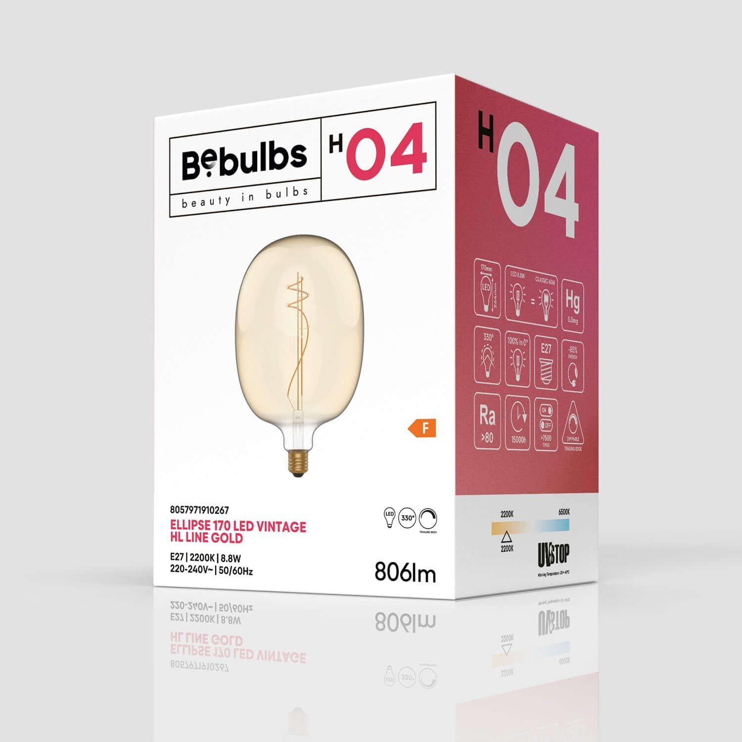 LED-Glühbirne Gold Oval 170 8,8W 806lm E27 2200K Dimmbar – H04 – Produktansicht 3