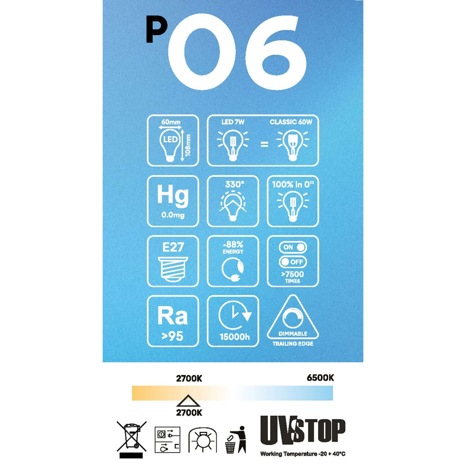 LED-Lampe Porzellan-Effekt CRI 95 A60 7W 640Lm E27 2700K Dimmbarkeit – P06 – Produktansicht 4