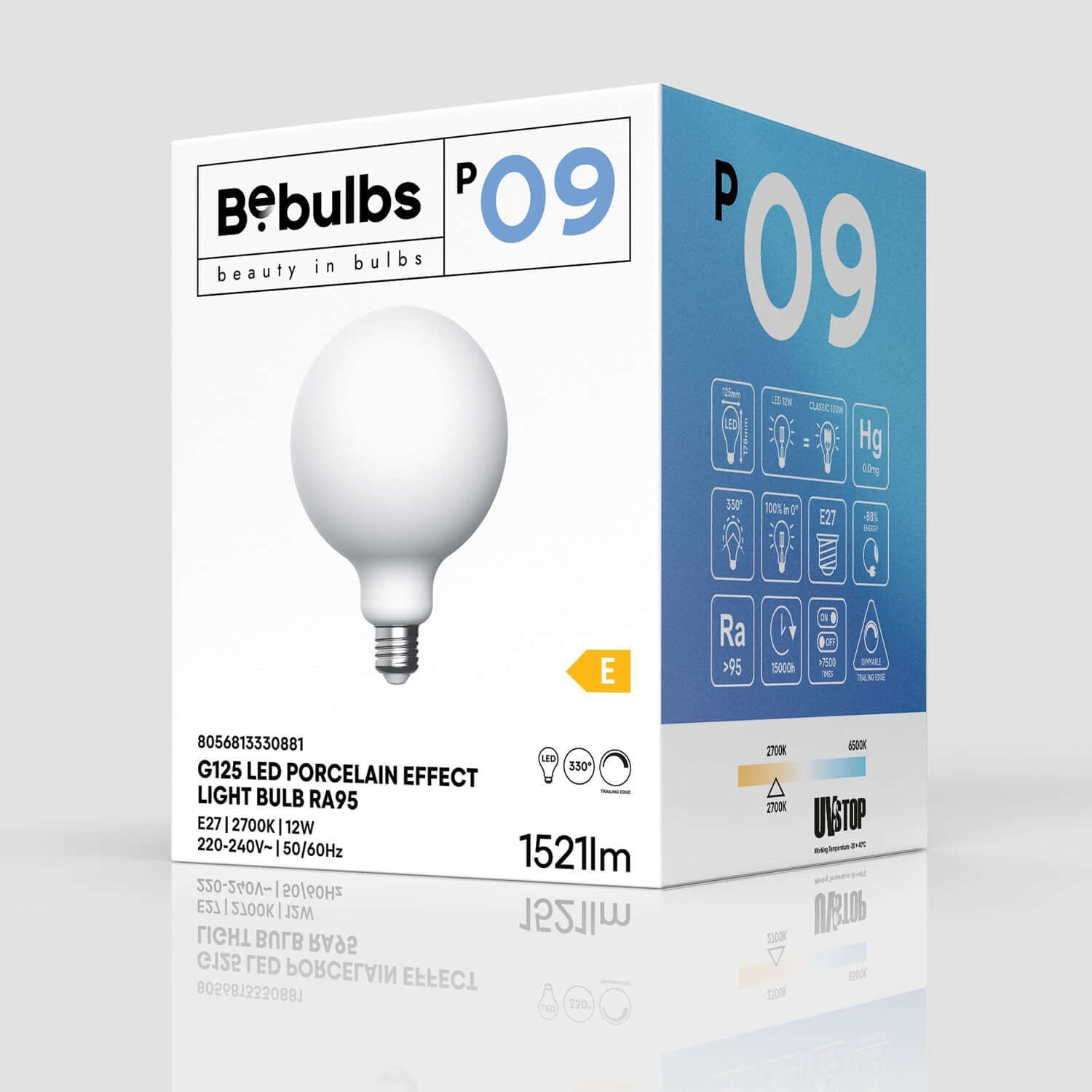 LED-Lampe Porzellan-Effekt CRI 95 G125 12W 1521Lm E27 2700K dimmbar – P09 – Produktansicht 3
