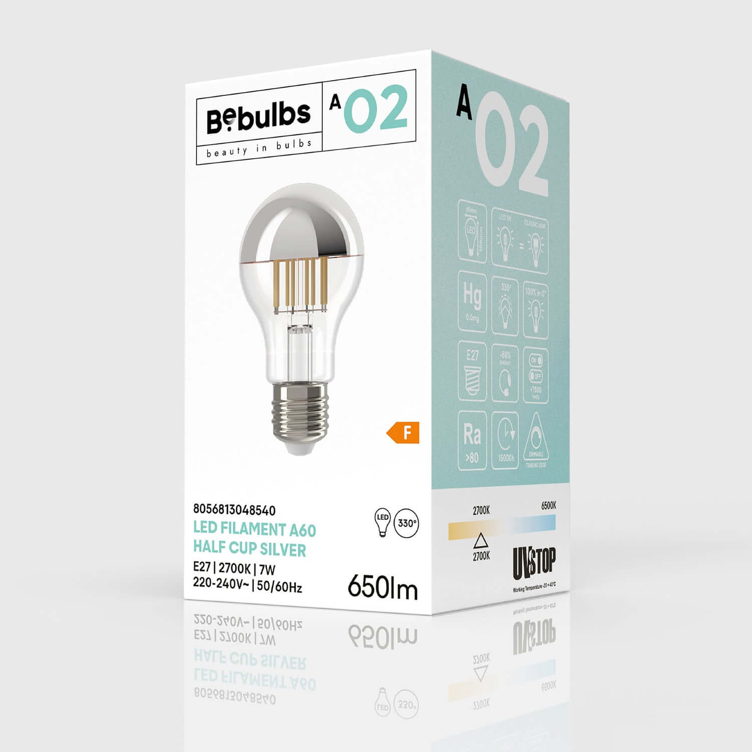 LED-Lampe Halb Sphäre Silber Tropfen A60 7W 650Lm E27 2700K Dimmbar – A02 – Produktansicht 3