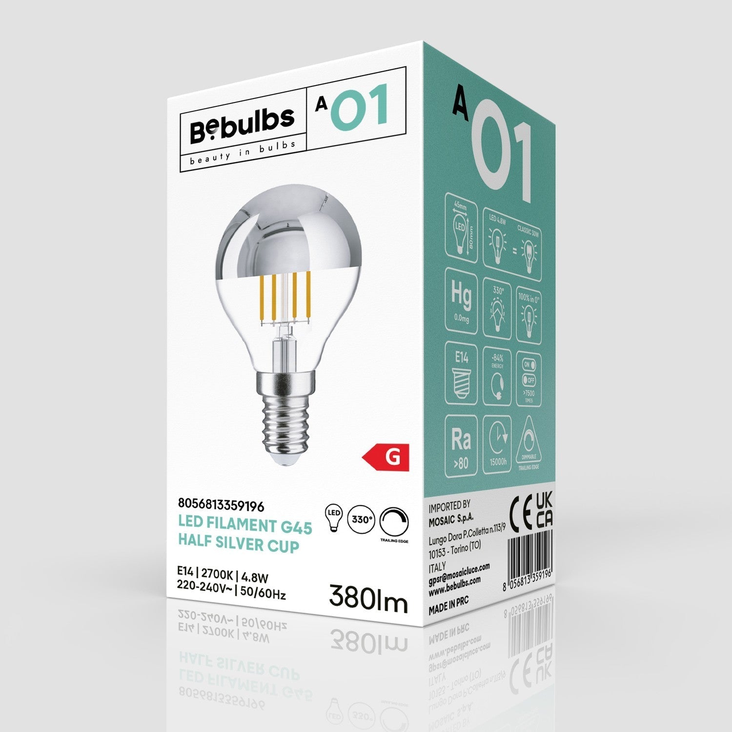 Glühbirne LED Halbkugel Silber Mini-Globe G45 4,8W 380Lm E14 2700K Dimmbar - A01 – Produktansicht 3