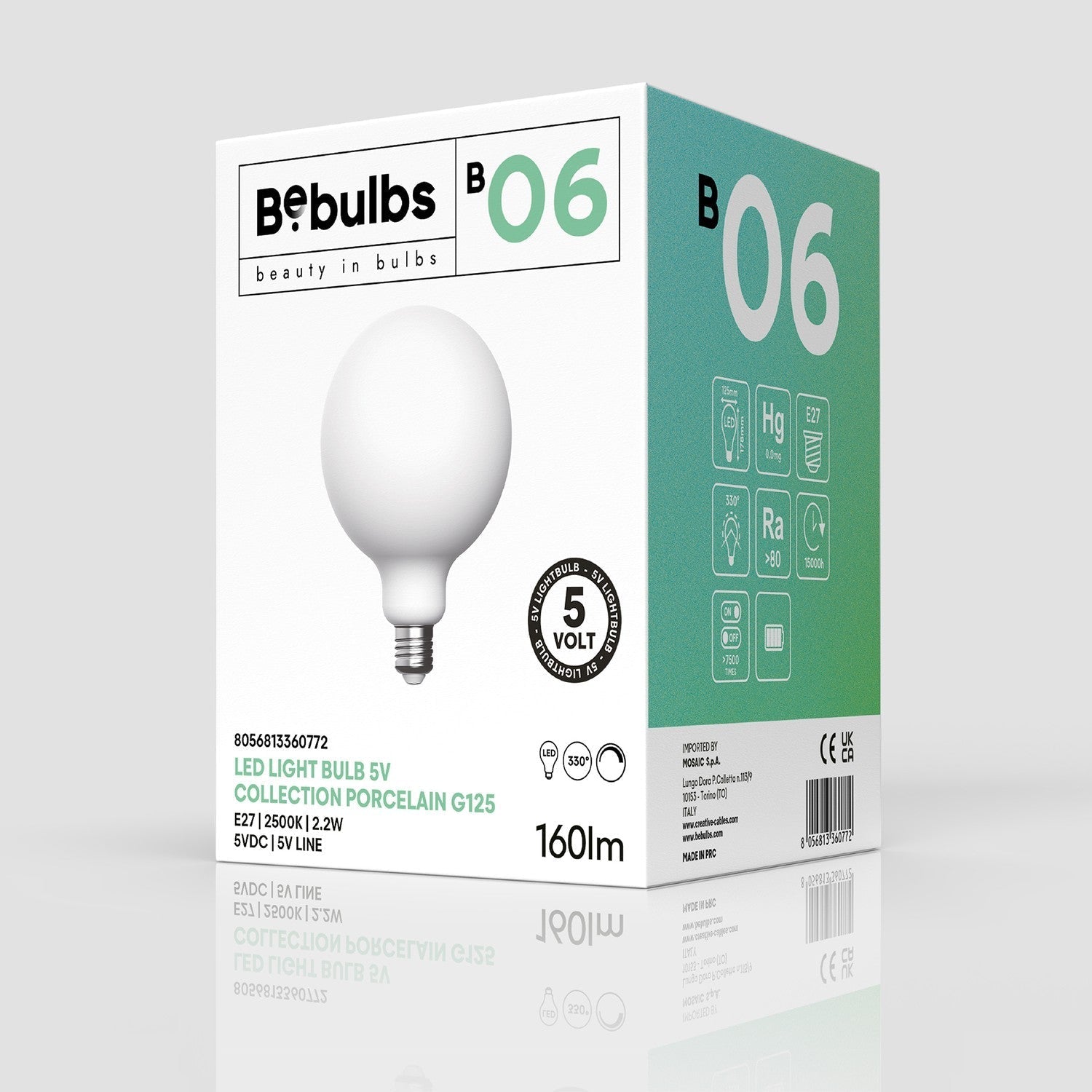 LED‑Glühbirne Porzellan Linea 5V Globo G125 2,2W 160Lm E27 2500K Dimmbar – B06 – Produktansicht 3