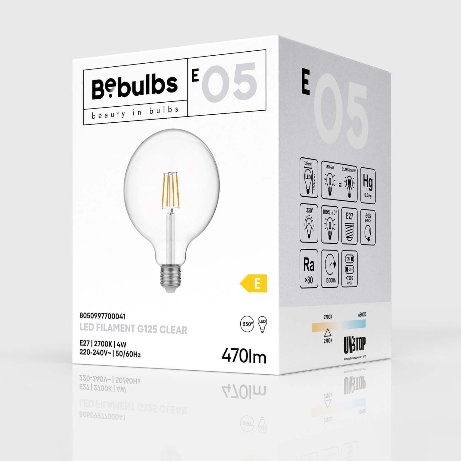 LED-Lampe Transparent Globe G125 4W 470Lm E27 2700K – E05 – Produktansicht 3
