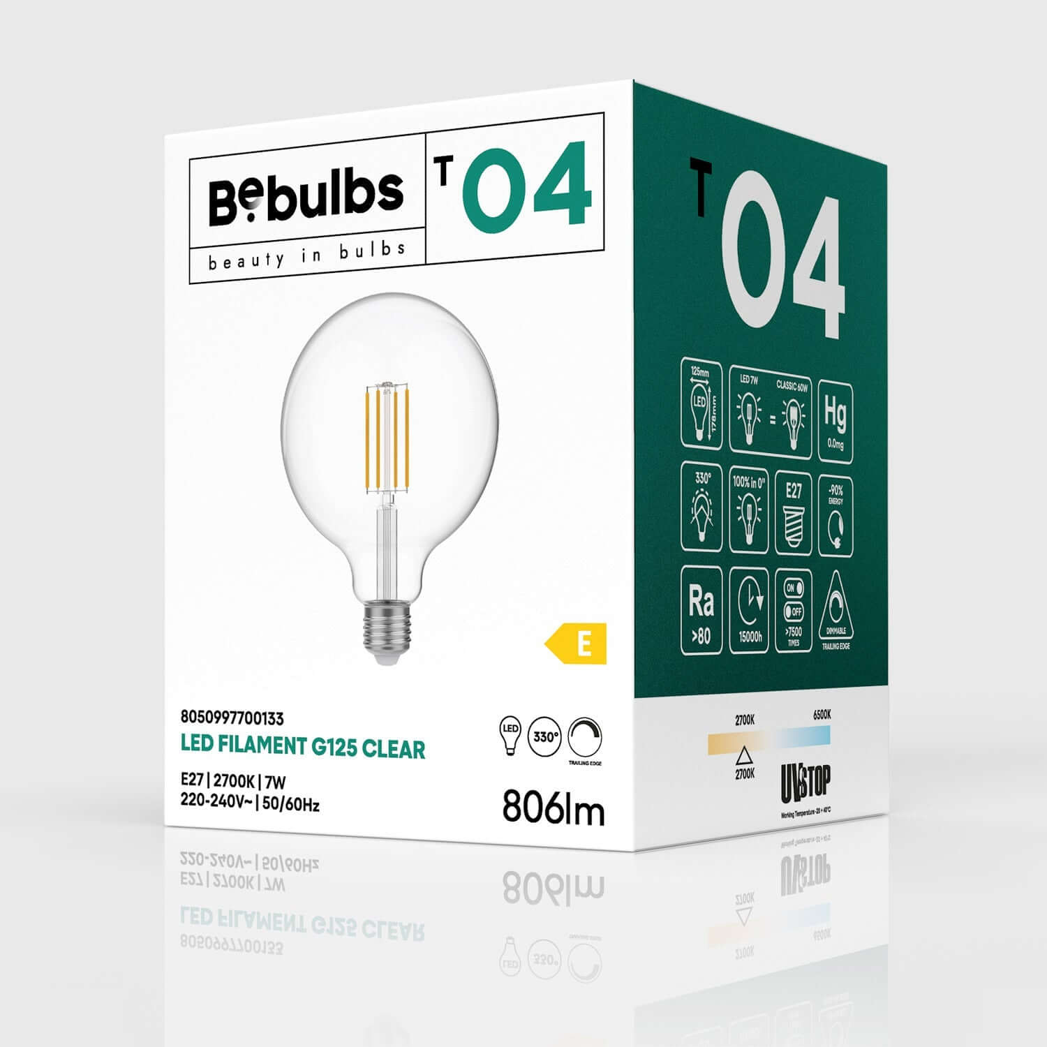 LED-Glühbirne Transparent Globe G125 7W 806Lm E27 2700K dimmbar – T04 – Produktansicht 3