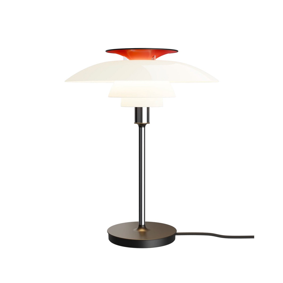 Louis Poulsen PH 80 Tischleuchte – Opal white/high lustre chrome plated, Schwarz Textilkabel