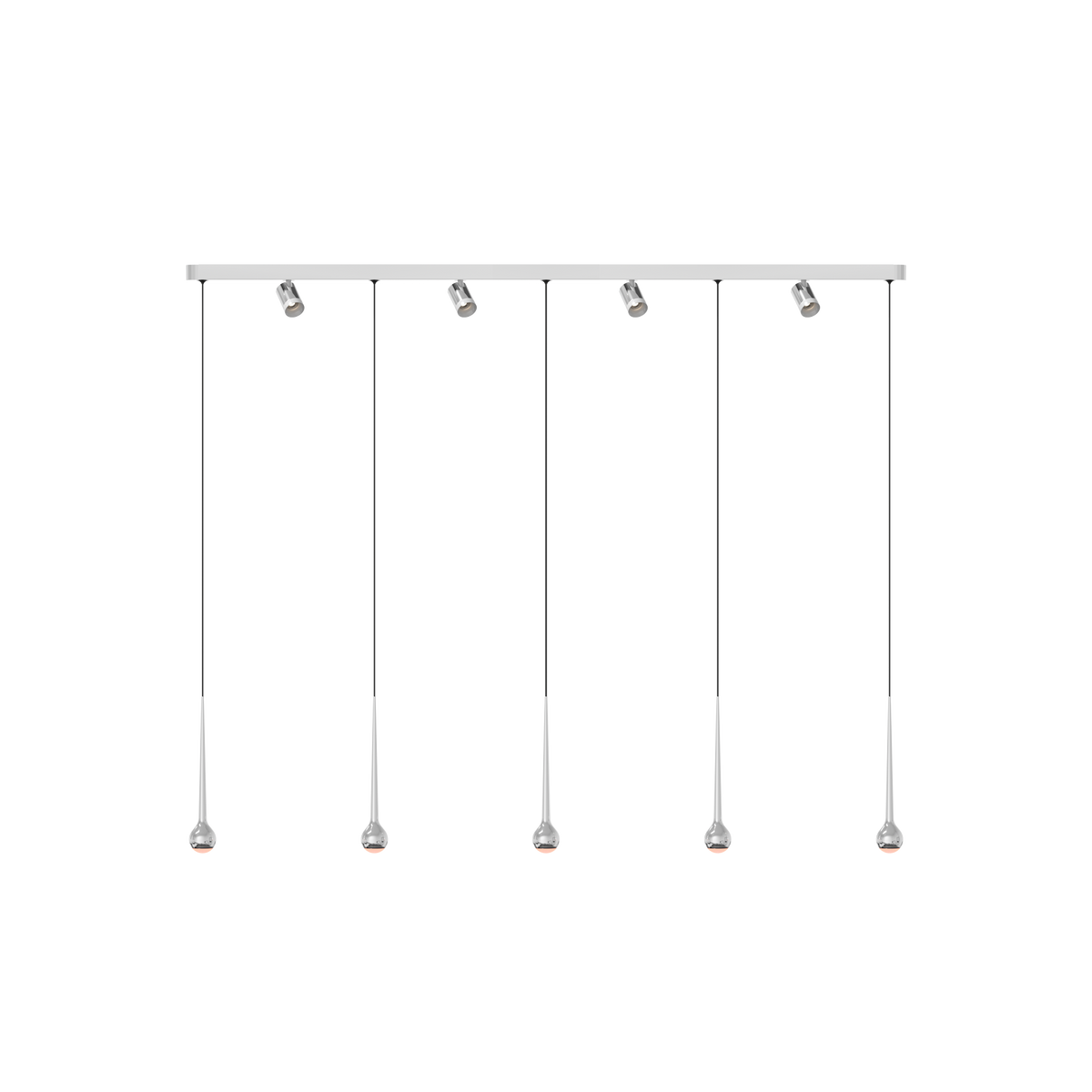GRAU Falling Sun Trace Pendelleuchte – Poliert, 5 Pendel + 4 Set Strahler - 6m Kabel