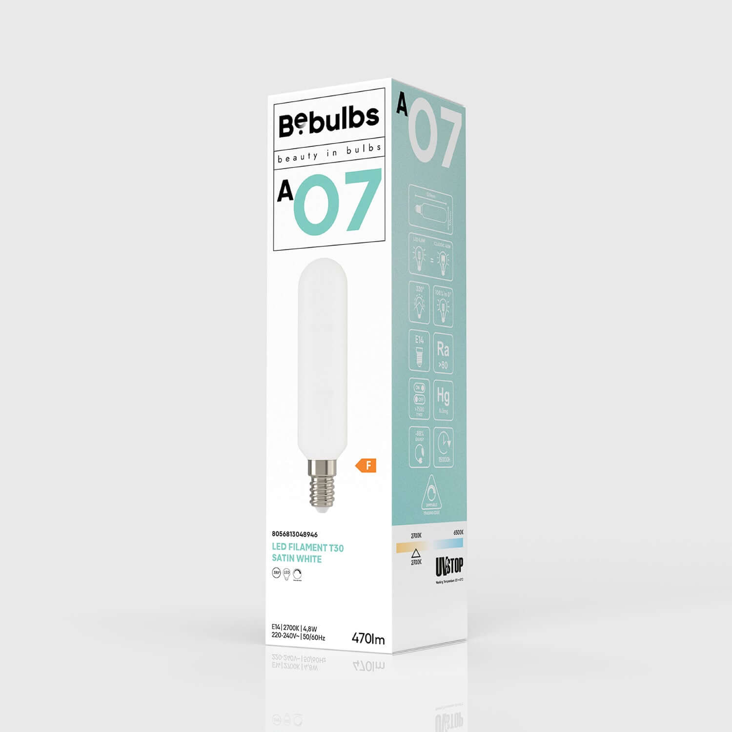 LED-Lampe Weiß Satiniert Tubular 4,8W 470Lm E14 2700K Dimmbar – A07 – Produktansicht 3