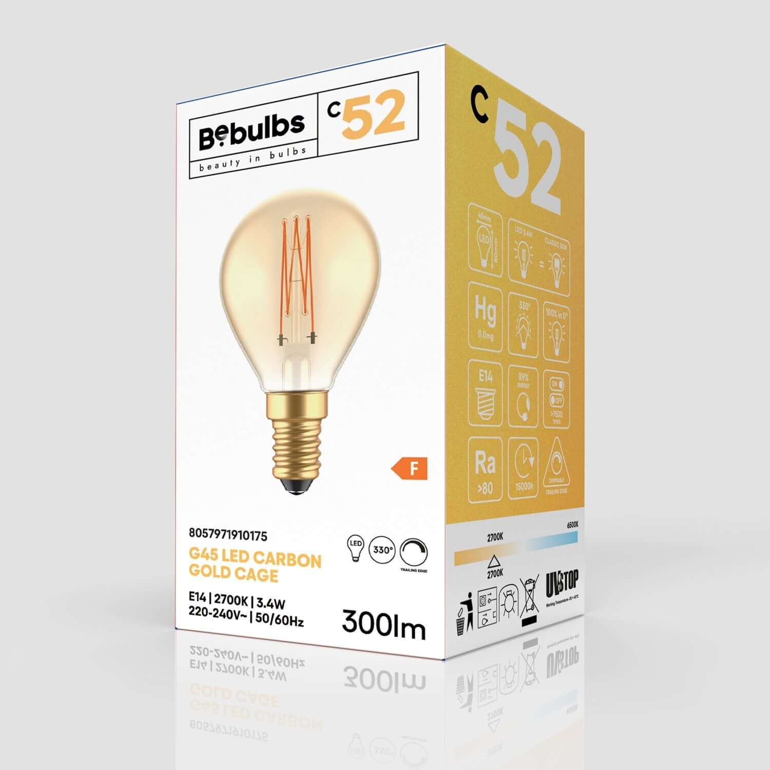 LED-Glühbirne Gold Carbon Line mit vertikalem Glühfaden, Mini-Globus G45 3,4W 300Lm E14 2700K Dimmbaar – C52 – Produktansicht 3