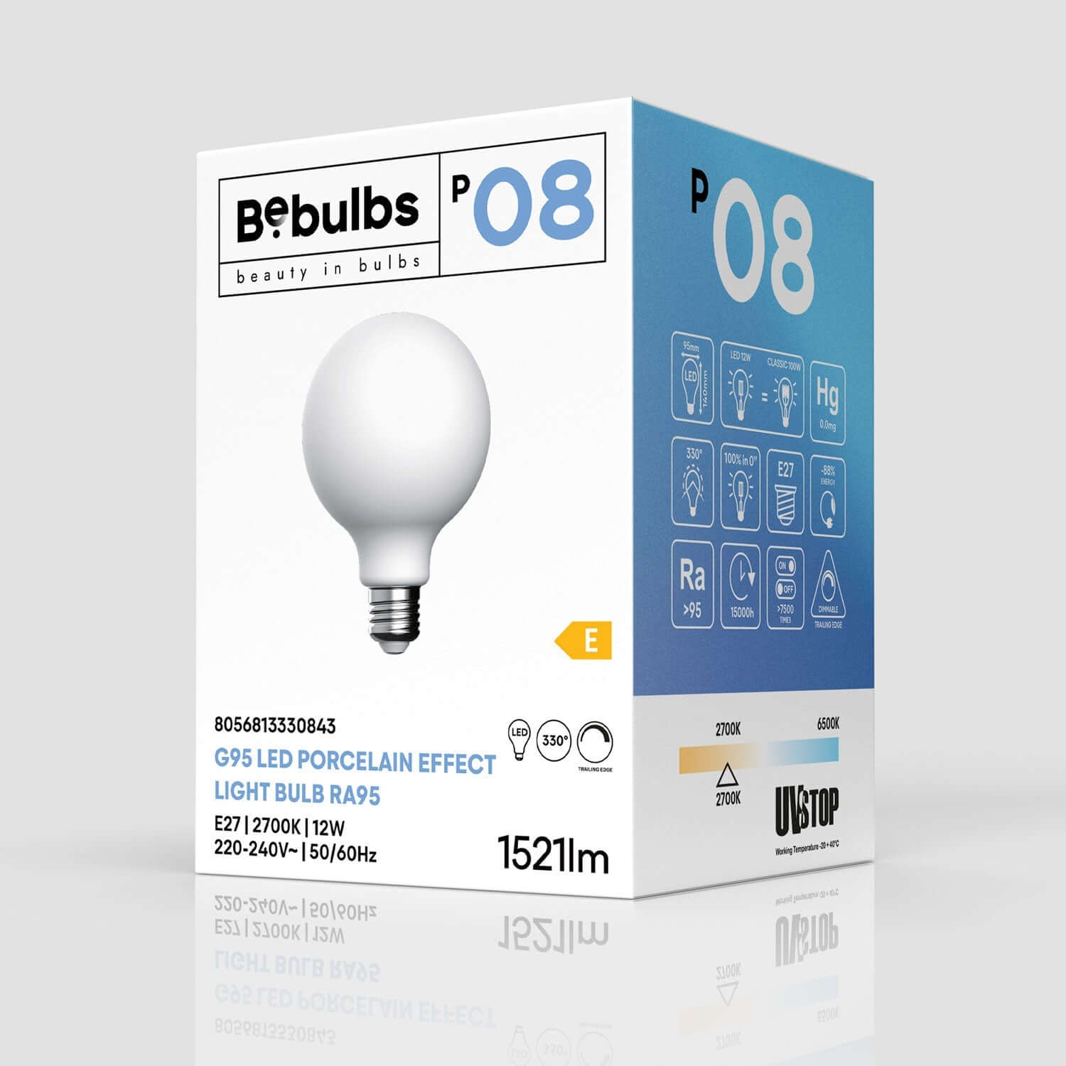 LED-Lampe Porzellaneffekt CRI 95 G95 12W 1521Lm E27 2700K Dimmbarkeit - P08 – Produktansicht 3