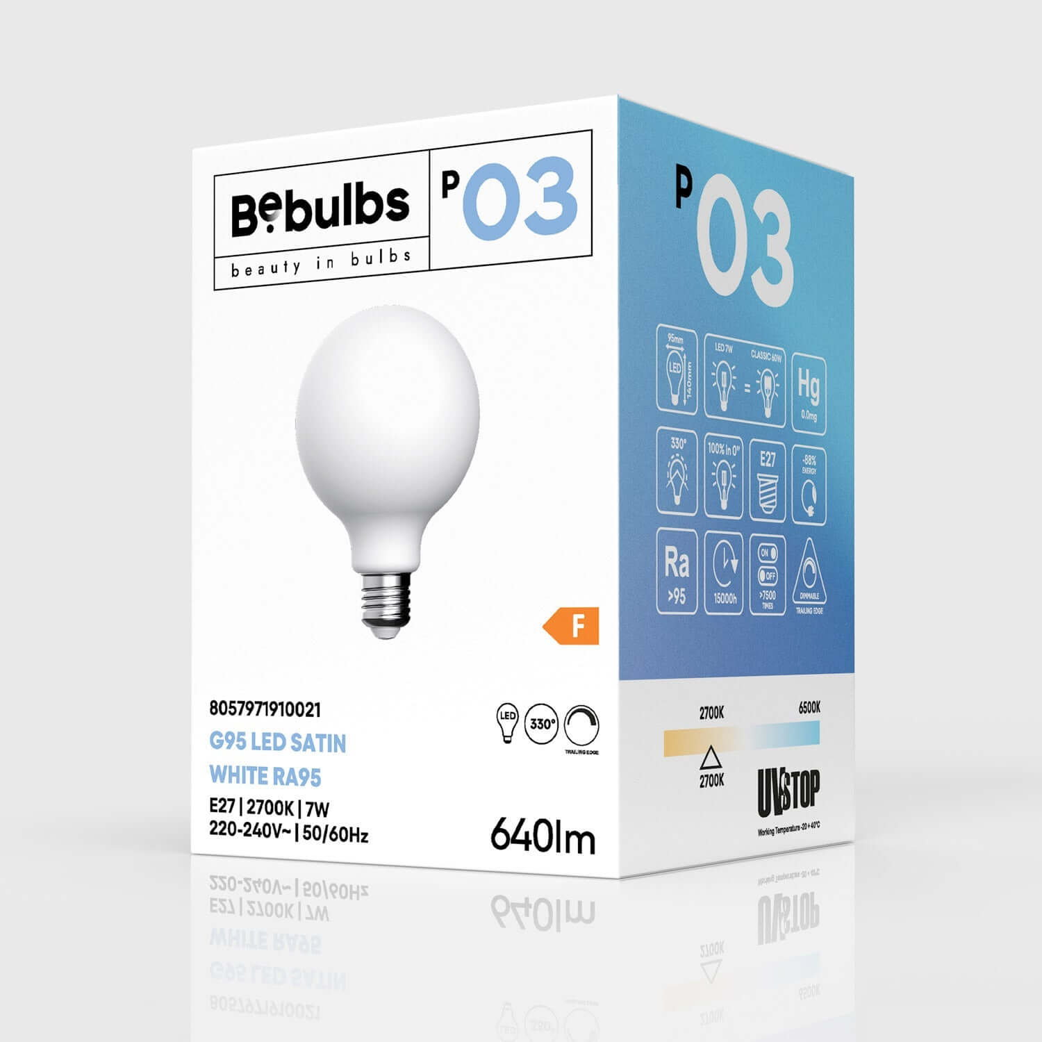 LED-Lampe Porzellan-Effekt CRI 95 G95 7W 640Lm E27 2700K Dimmerbar – P03 – Produktansicht 3