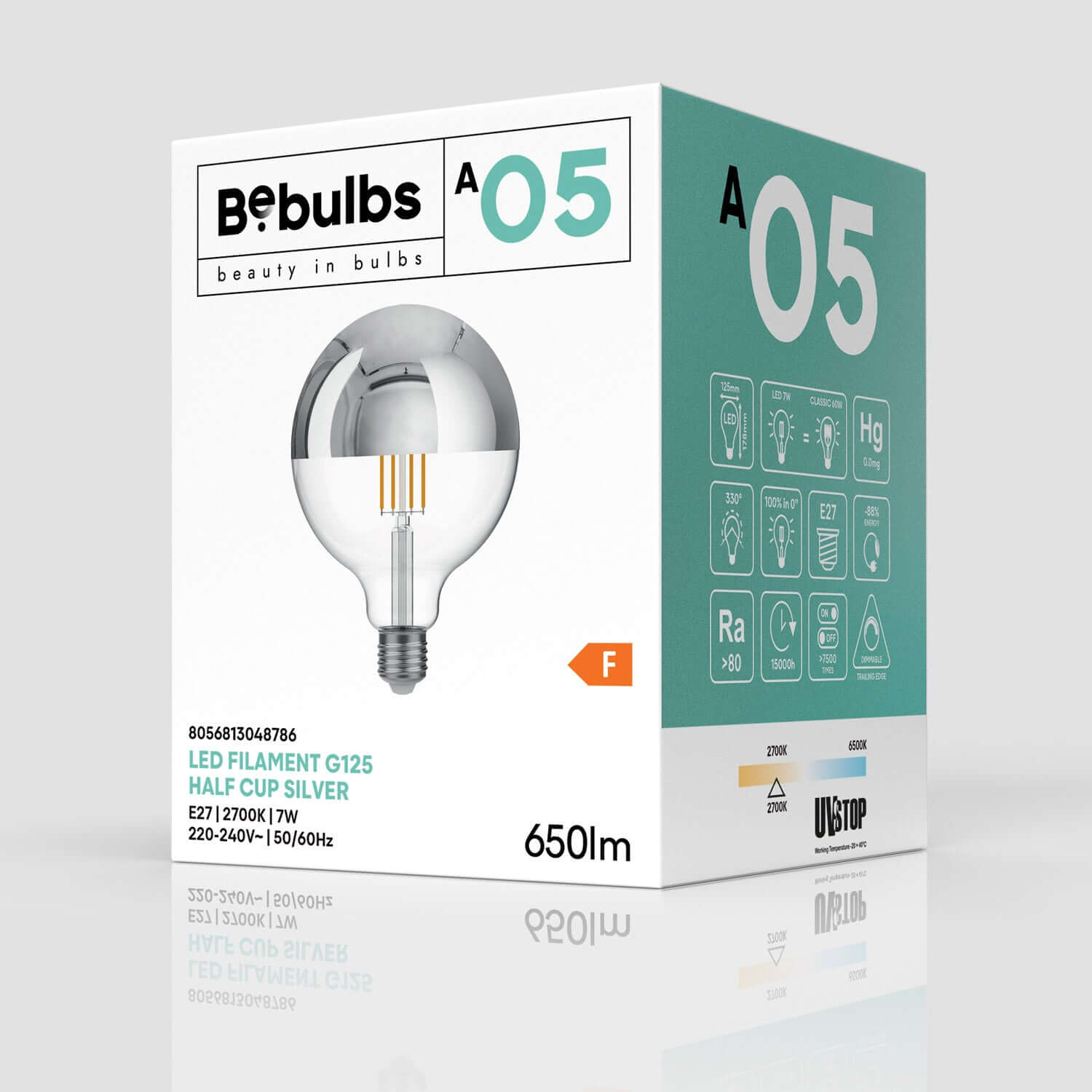 Halbrunde LED-Glühlampe Silber Globe G125 7W 650Lm E27 2700K dimmbar – A05 – Produktansicht 3
