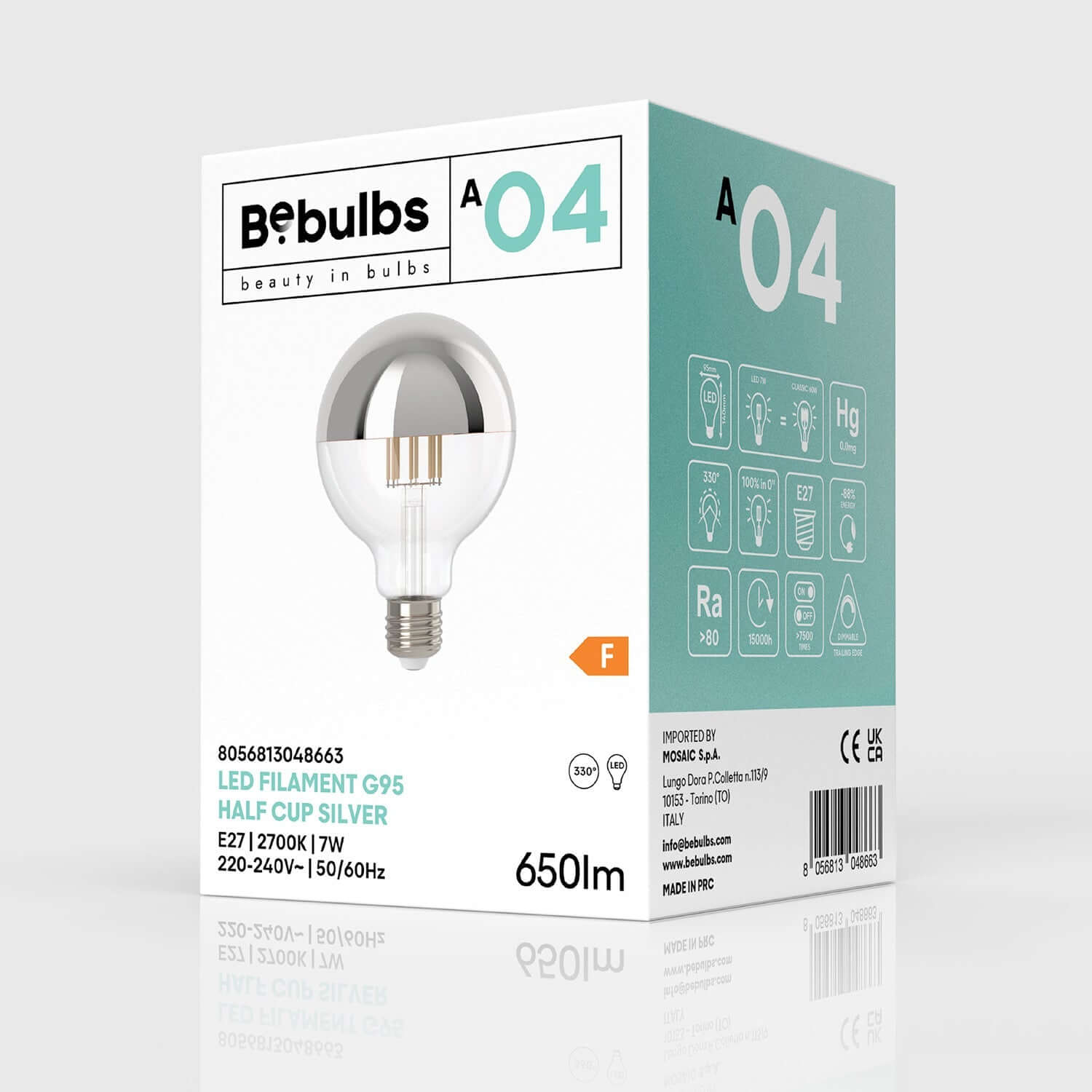 LED-Lampe Halbkugel Silber Globo G95 7W 650Lm E27 2700K dimmbar - A04 – Produktansicht 3