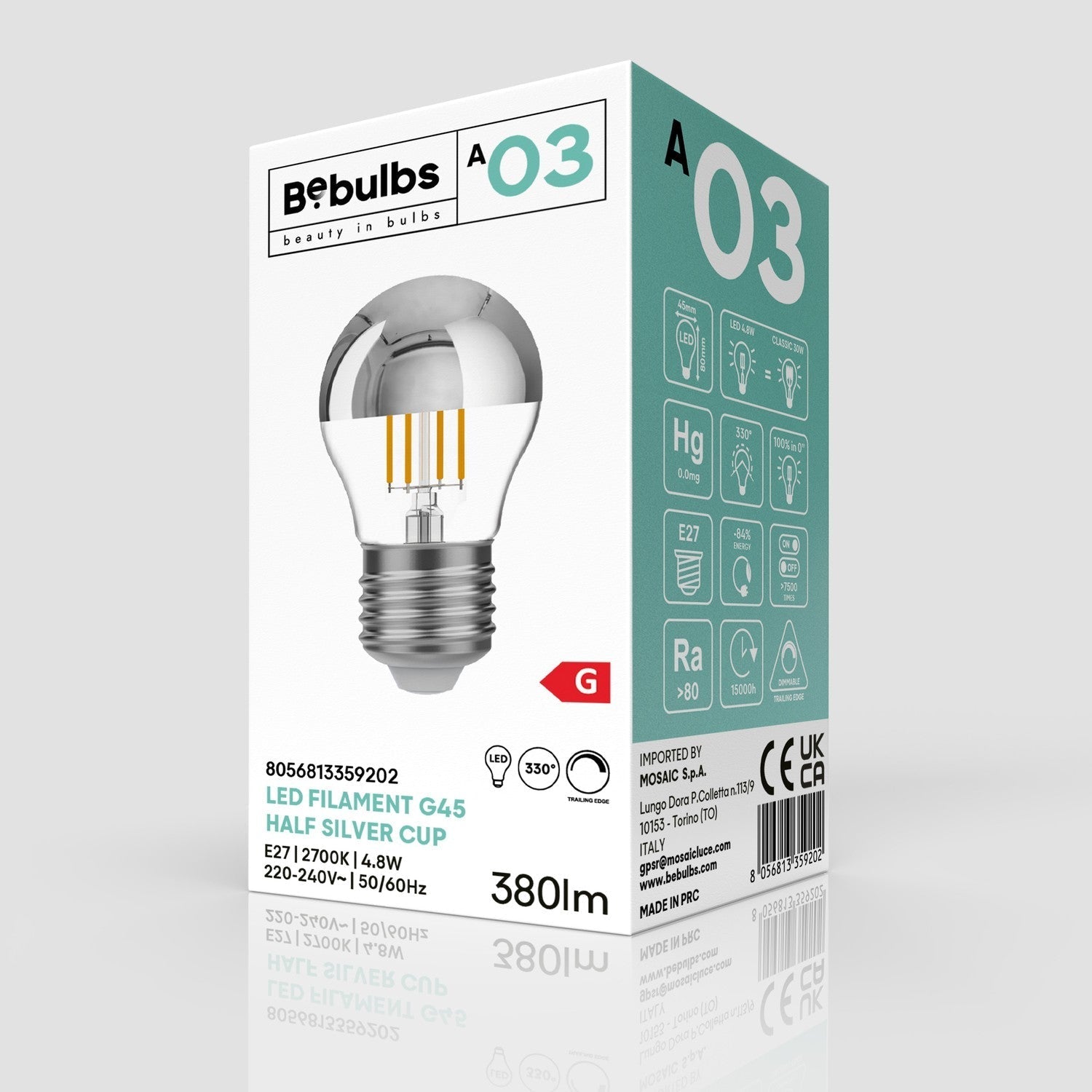 Glühbirne LED Halbkugel Silber Mini-Globe G45 4,8W 380 lm E27 2700K dimmbar - A03 – Produktansicht 3
