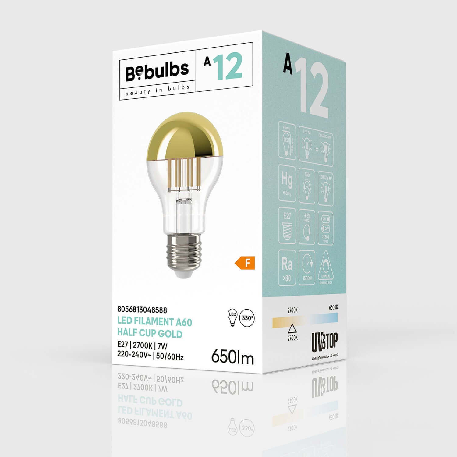 LED-Glühbirne Halb-Kugel Gold Tropfen A60 7W 650Lm E27 2700K dimmbar - A12 – Produktansicht 3