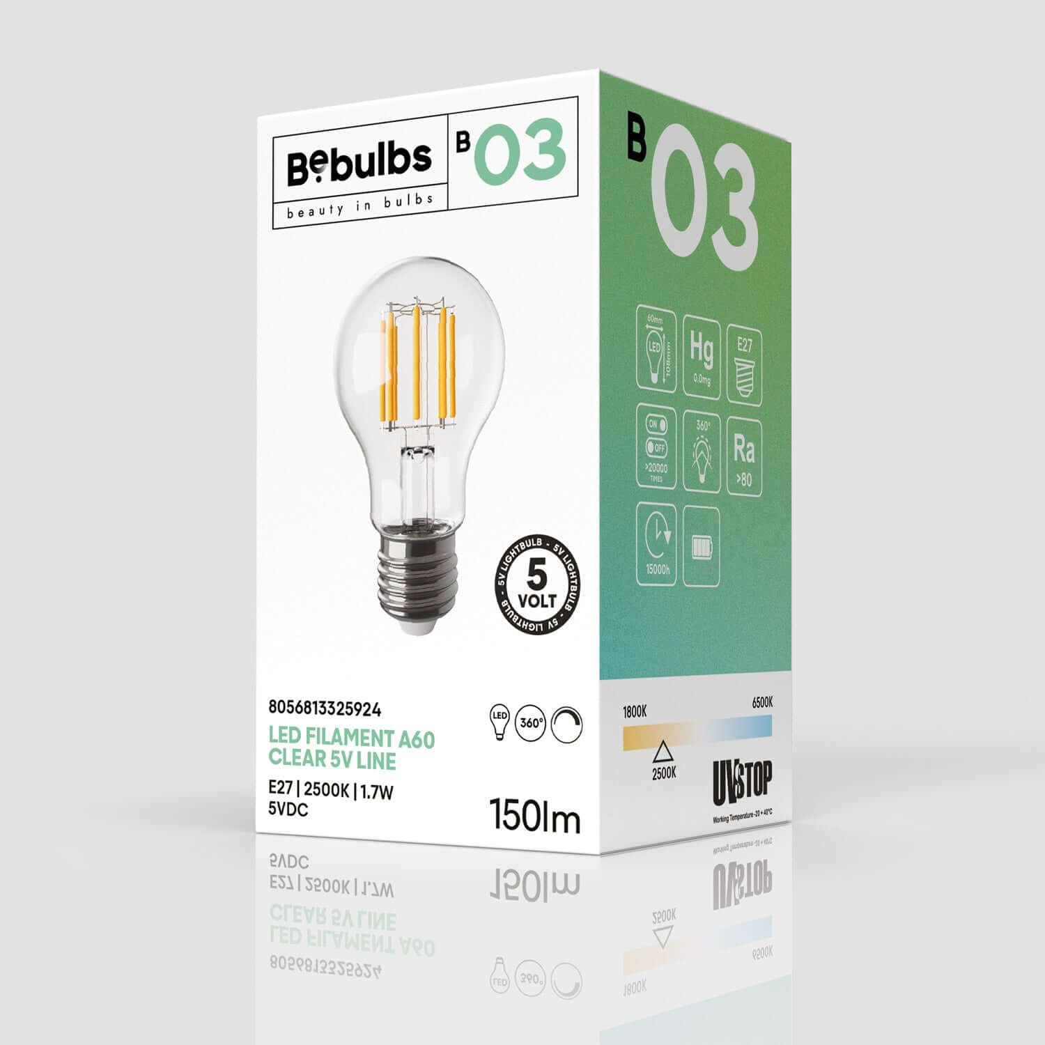 Transparente LED-Lampe Linea 5V Vertikalfaden Tropfen A60 1,7W 150Lm E27 2500K Dimmbar - B03 – Produktansicht 3