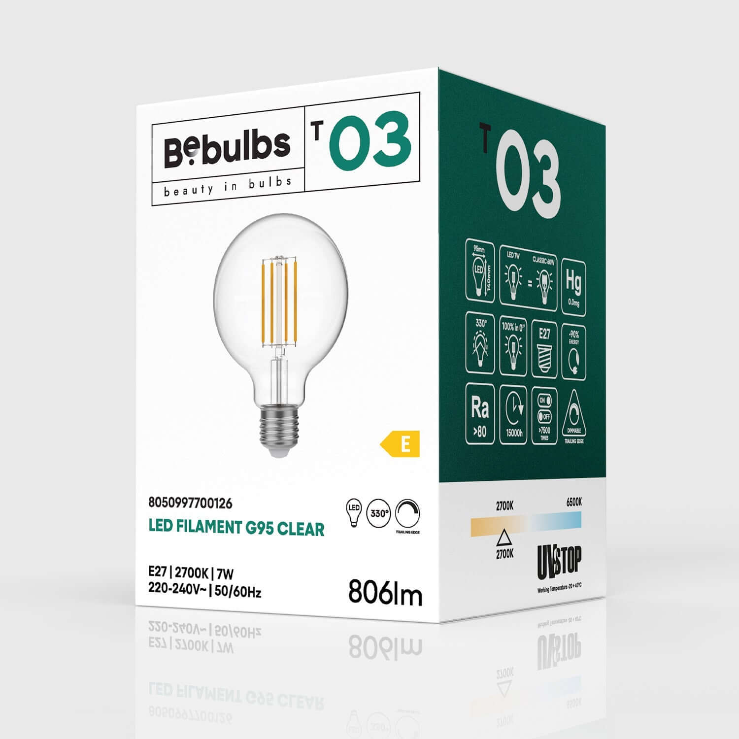 LED-Glühbirne Transparent Globe G95 7W 806Lm E27 2700K Dimmbar - T03 – Produktansicht 3
