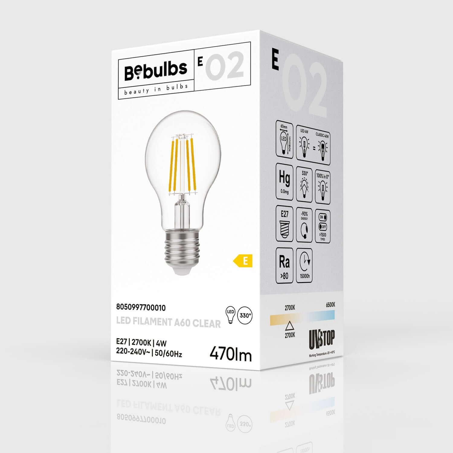 LED-Glühbirne Transparent Tropfen A60 4W 470Lm E27 2700K – E02 – Produktansicht 3
