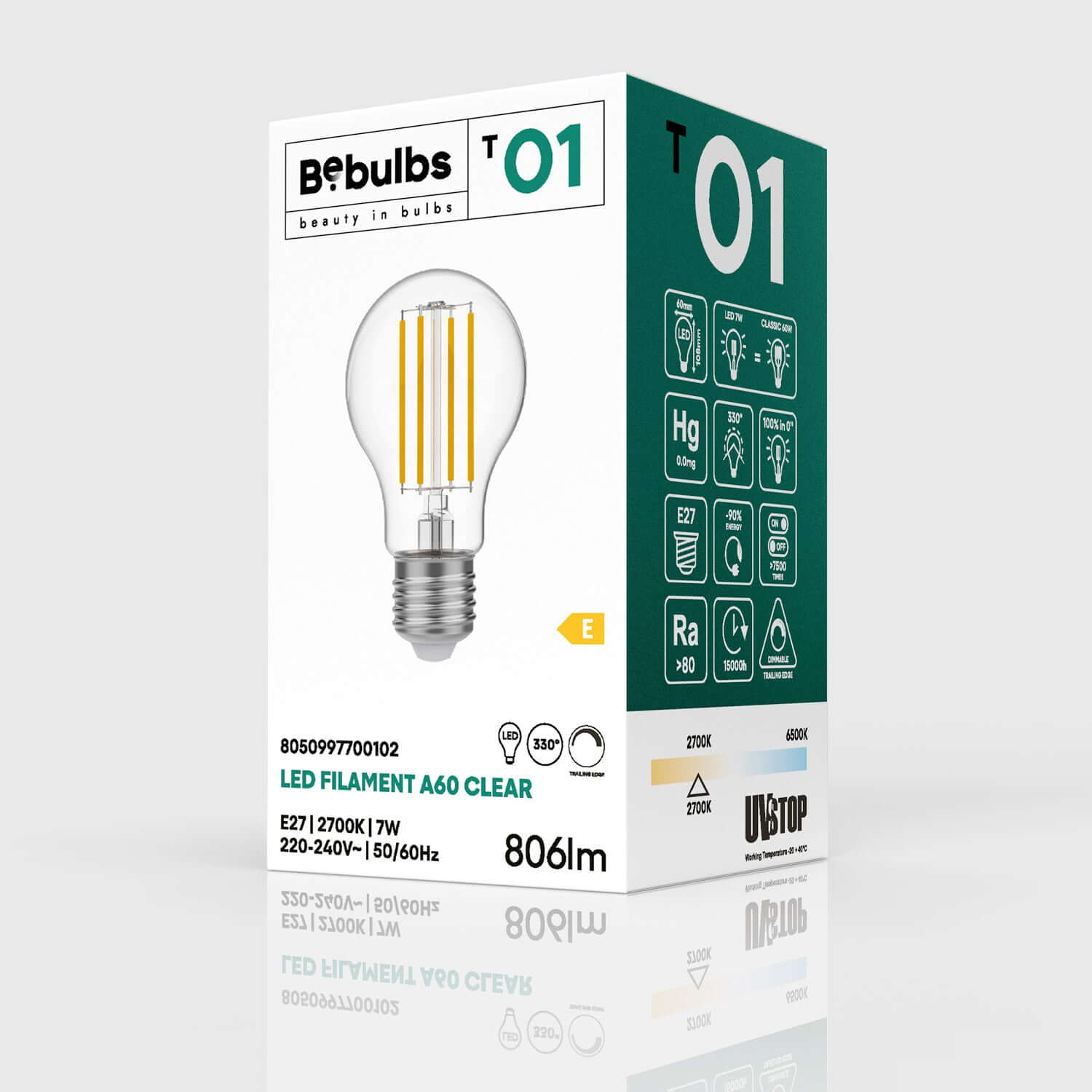 LED-Leuchtmittel Transparent Tropfen A60 7W 806Lm E27 2700K dimmbar – T01 – Produktansicht 3